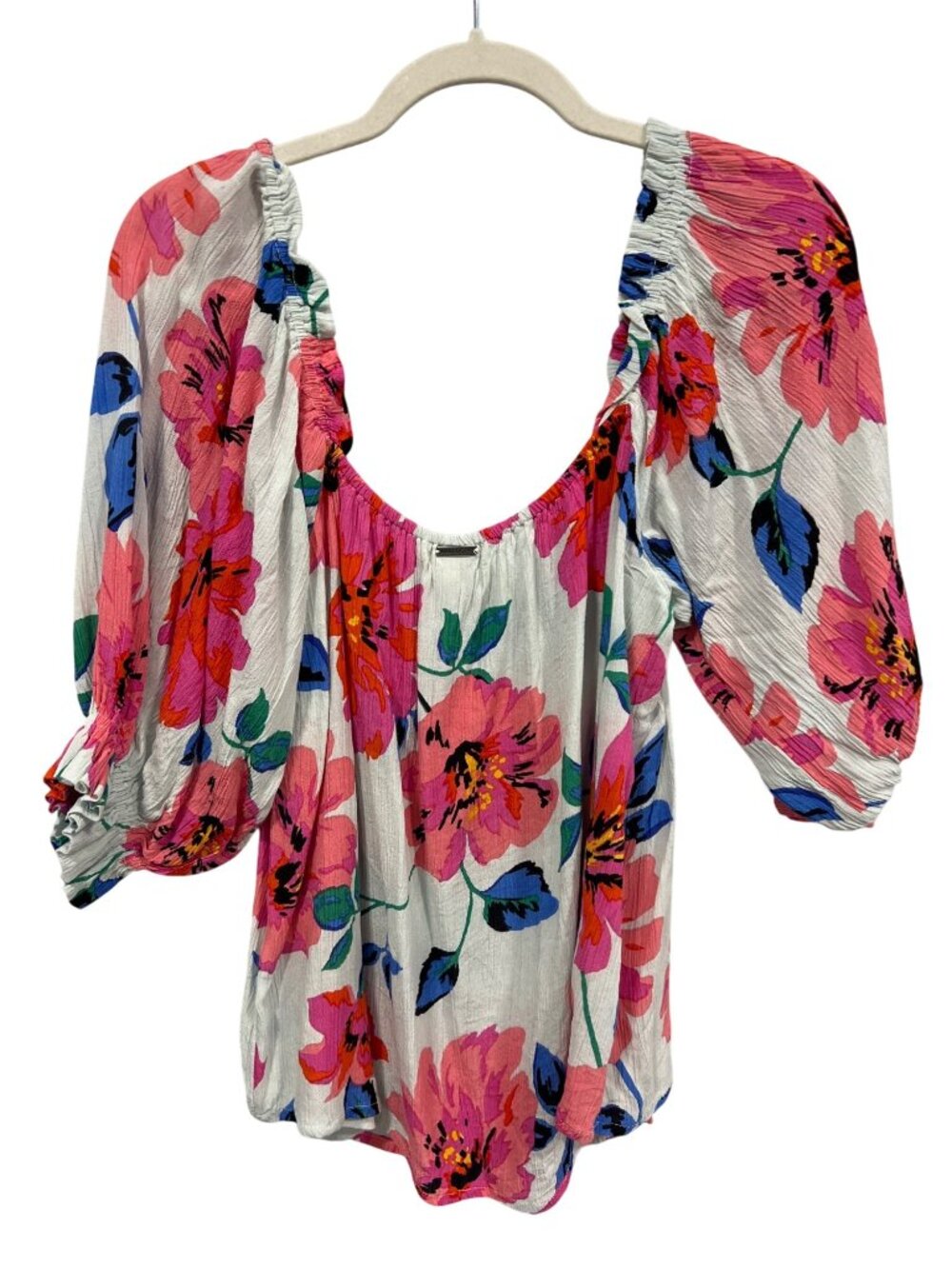 Billabong Peasant Blouse Medium Off The Shoulder Floral White Pink Boho Hippie